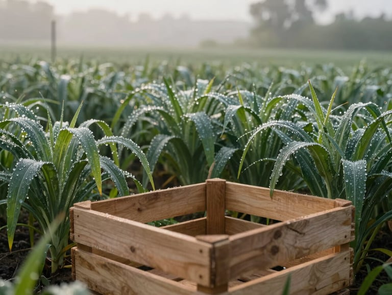Medium environmental shot of a quiet morning organic farm field, low-angle natural morning light hitting dew-covered crops, a wooden harvest crate in the foreground.