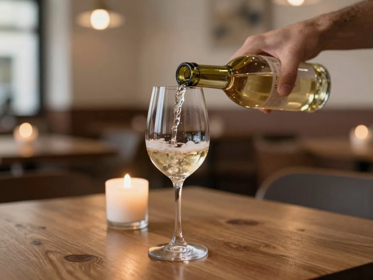 Close-up of a hand pouring natural wine into a glass on a candlelit wooden table, soft Scandinavian side-lighting, cozy restaurant atmosphere