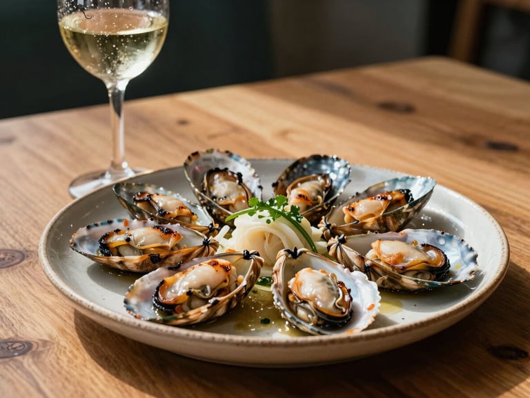 Freshly grilled local seafood served on a rustic ceramic plate on a wooden table, condensation on a glass of white wine, bright sunlight.