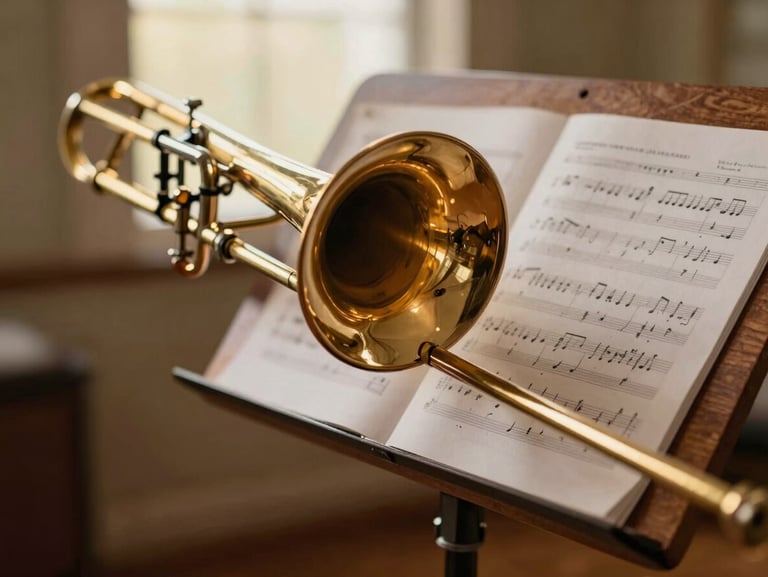 Tactile close-up of a vintage trombone resting on a wooden music stand with sheet music, brass reflections, warm golden hour light, 35mm.