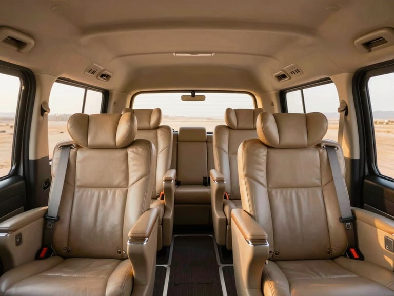 Clean interior cabin of a Toyota Hiace Premio, luxury reclining leather seats with generous legroom, air conditioning vents visible, warm morning light