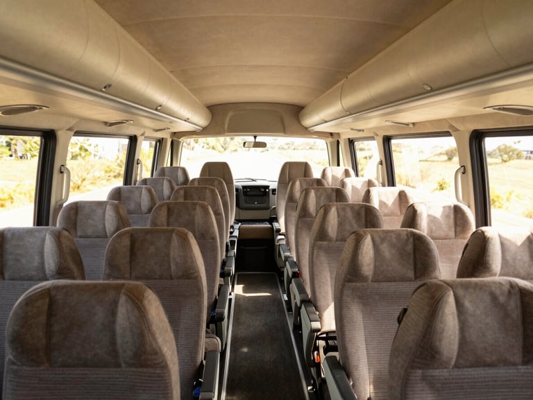Spacious passenger cabin of a Toyota Hiace Commuter, neat fabric seats configured for 15 passengers, clean and air-conditioned interior, bright natural daylight
