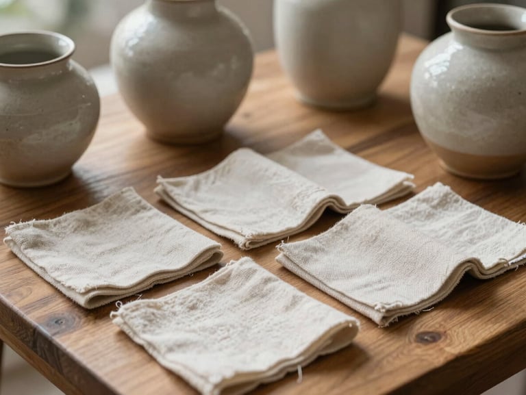 Macro close-up of textured ceramic vessels and linen textile swatches arranged neatly on a wooden table, soft natural daylight.