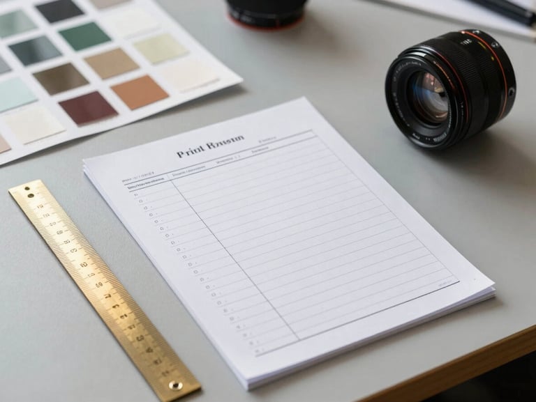 A quiet behind-the-scenes planning session with handwritten order sheets, swatches, and a brass ruler on a clean gray surface.