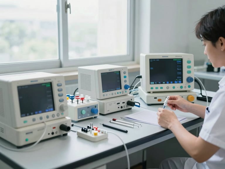 Wide shot of a clean biomedical service workbench, calibrated test equipment and tools arranged in order, a service technician's hands visible connecting a probe to a patient monitor, bright north-facing daylight through a service bay window, no clutter