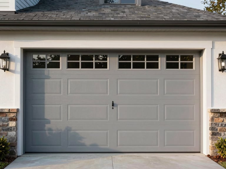 A beautiful carriage-house style garage door with glass window inserts, enhancing the curb appeal of a modern suburban home.