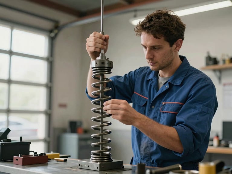 A certified technician in a clean uniform safely tensioning a heavy-duty steel torsion spring inside a well-lit residential garage.