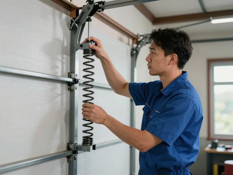 Medium shot of a clean-uniformed technician adjusting a heavy-duty steel garage door spring in a well-lit residential garage.
