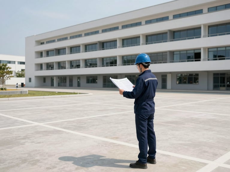 Wide shot of a municipal infrastructure planning site, a professional engineer in a hardhat looking at plans, clean structured layout