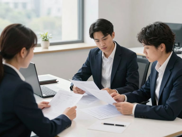 Clean, organized administrative office environment with professionals analyzing project planning documents over a large desk, bright natural light