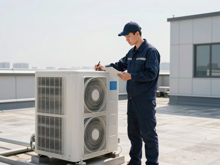 Active facility maintenance worker inspecting a commercial HVAC unit on a clean, modern rooftop under bright daylight, professional gear
