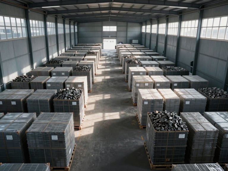 Symmetrical overhead view of raw bulk commodities stored in a clean, modern automated warehouse with sharp morning light streaming through high windows.