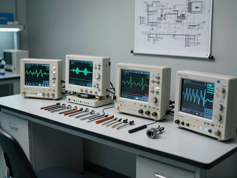 Wide shot of an organized technical workbench, diagnostic oscilloscopes with waveforms on screens, clean tools aligned, cool laboratory lighting, technical blueprint hanging on the wall.