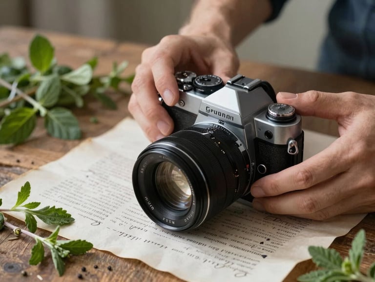 Hands adjusting a vintage camera lens over a rustic wooden table scattered with fresh herbs and parchment storyboards, soft natural side-light.