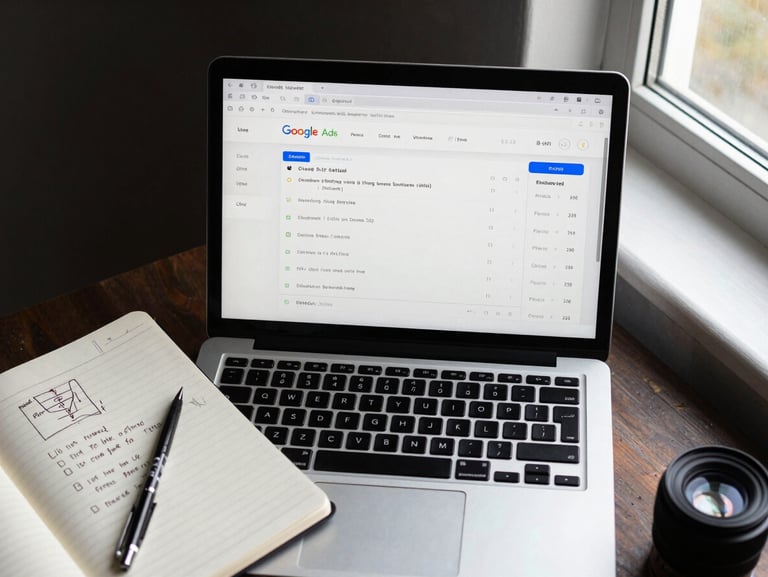 Overhead desktop view of a laptop screen showing a Google Ads campaign dashboard with live click and conversion data, notebook with handwritten funnel notes beside the keyboard, clean window light from the right, high contrast, no faces