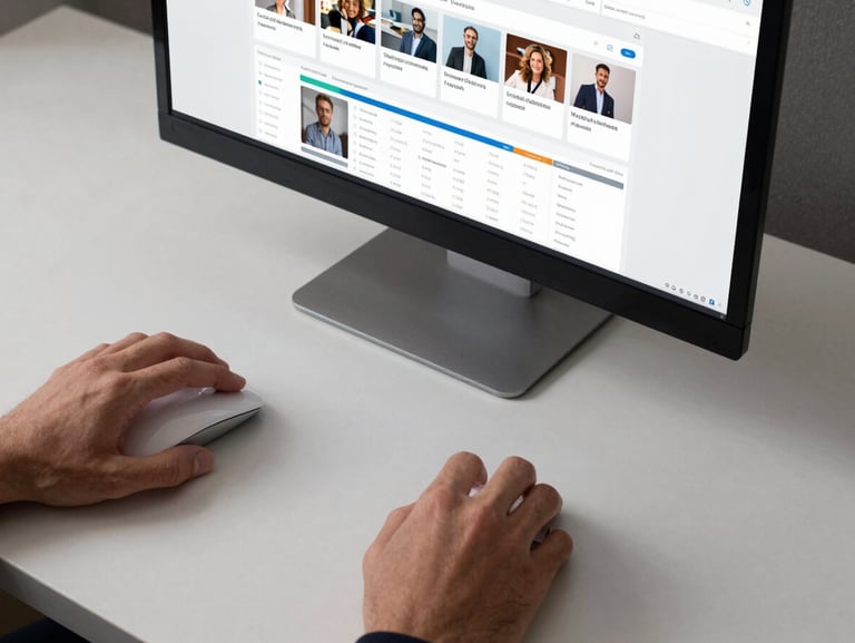 Overhead studio shot of a desk with a monitor showing a social media analytics dashboard, hands hovering over a wireless mouse, cool overhead light, high contrast neutral surface