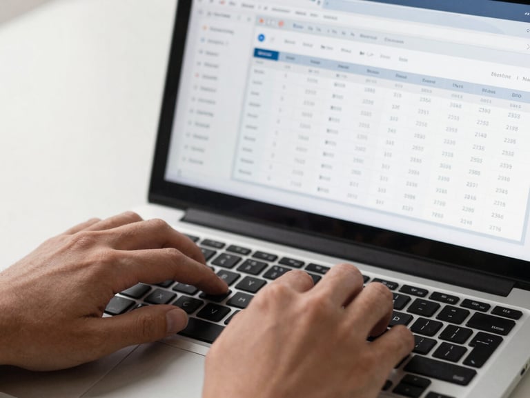 Extreme close-up overhead view of hands typing on a laptop keyboard, browser window visible on screen showing an SEO audit dashboard with keyword ranking columns, clean studio light from left, high contrast, no faces