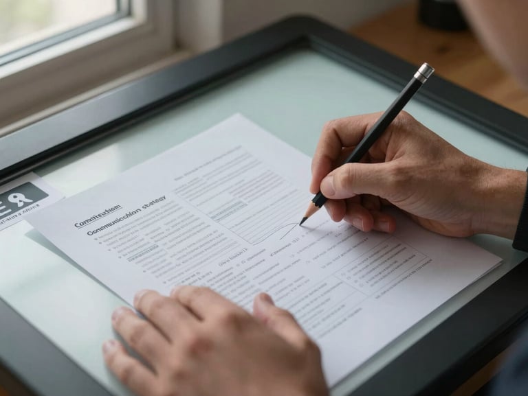 Close detail of hands marking up a communication strategy document on a light table, a pencil resting beside annotated pages, soft window light from the left, one printed brand visual partially visible at the edge of the frame