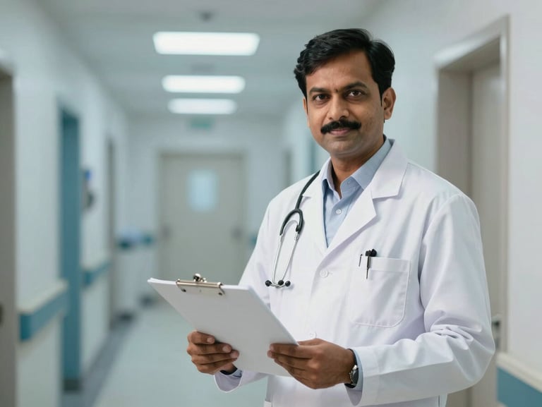 Direct eye-level portrait of Dr. R. S. Yadav in a clean white doctor's coat, holding a medical chart, standing in a brightly lit, modern hospital corridor with soft blue accents and professional clinical lighting.