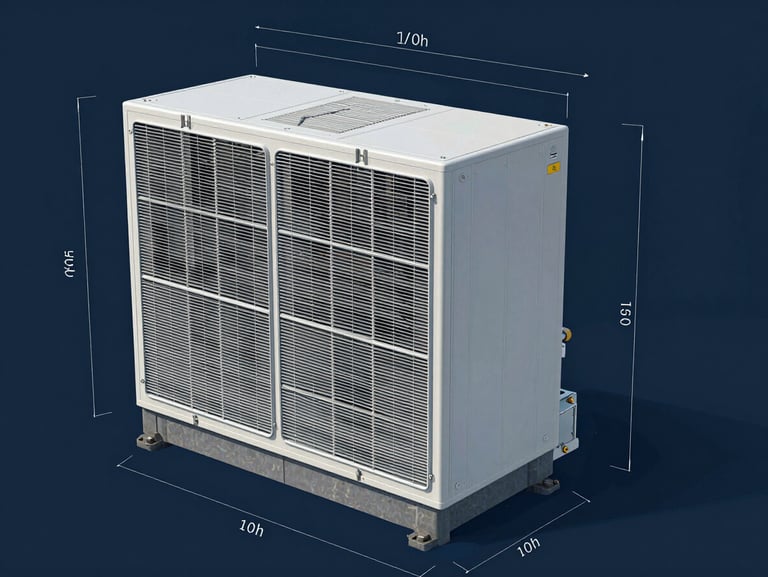 A precise 3D CAD schematic of a marine air handling unit, technical line drawings with measurement annotations on a dark blue background.