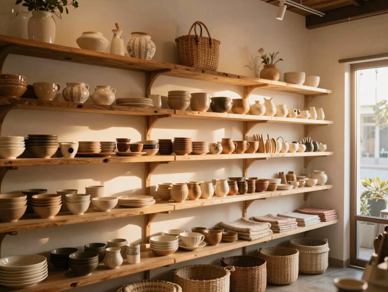 Cozy interior of a boutique craft shop in Bananeiras, warm lighting, wooden shelves with local handmade ceramics and woven textiles, soft golden hour light