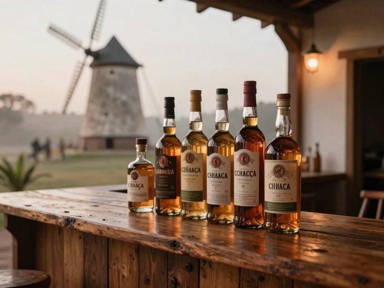 A selection of premium artisanal cachaça bottles on a rustic wooden counter, warm lighting, background showing a historic colonial mill, cinematic feel