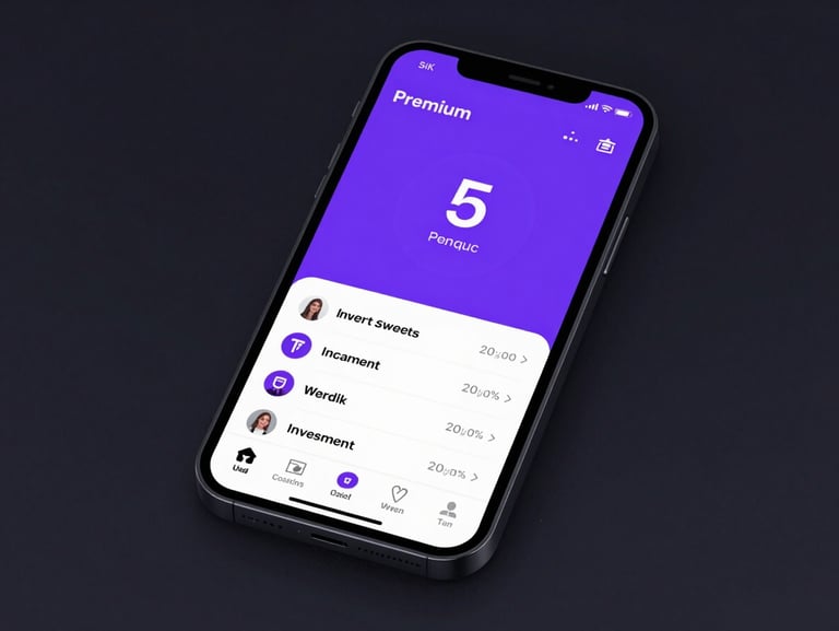 Premium mobile UI mockup showing a glowing purple digital investment wallet interface on a dark background