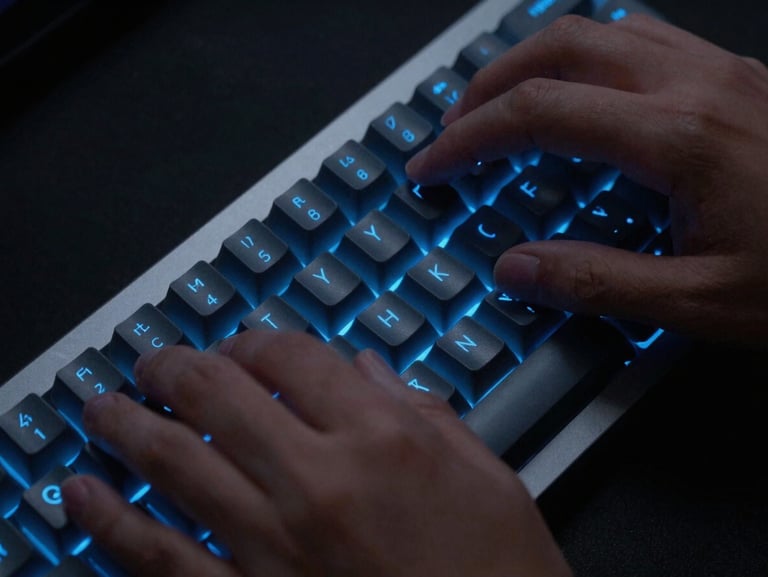 Overhead close-up of hands typing on a sleek mechanical keyboard, subtle blue glow reflecting off dark keycaps