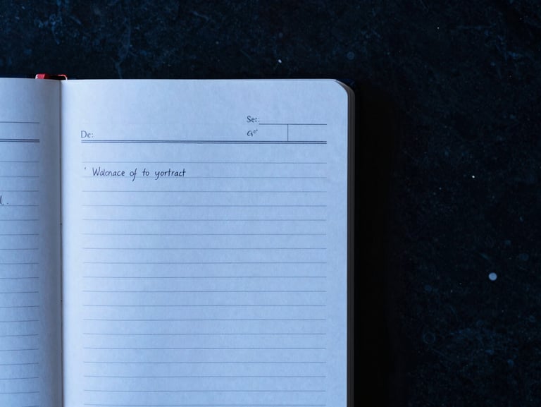 Macro flat-lay of a clean obsidian desk, an open notebook showing structured contract terms, cool blue accent lighting
