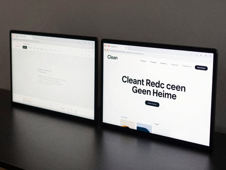 Clean studio shot, two browser windows side by side on a dark desk — left shows an outdated sparse website, right shows a fully redesigned modern site with clear navigation and bold headline, neutral daylight fill light, slight angle from above