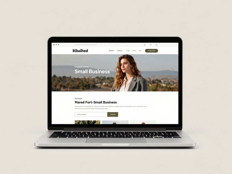 Laptop screen showing a complete small business website build — clean layout with visible navigation, hero section, and contact form, bright neutral studio lighting, proportional full-page view