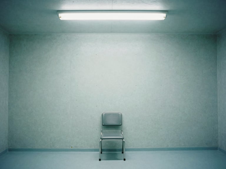 An empty sterile clinical room with concrete walls, a single metal chair in the center under harsh fluorescent overhead light, desaturated teal and sterile white tones, flat orthographic framing, 35mm film