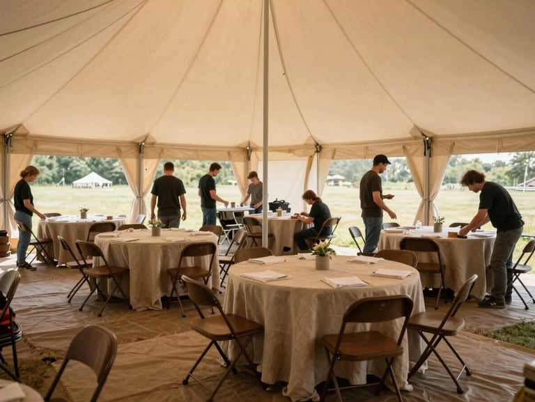 Wide shot of a tent interior during final setup, round tables dressed with linen mid-placement by crew in work clothes, natural daylight streaming through open tent sidewalls, folding chairs stacked nearby, ground cloth visible at the perimeter, warm ambient light