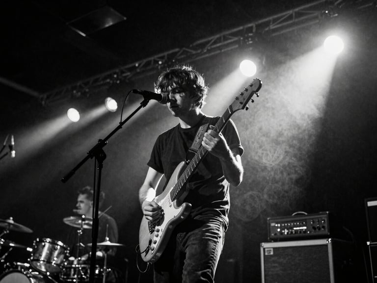 Gritty black and white concert photography, a guitarist performing under high-contrast neon stage lighting, deep shadows, grain