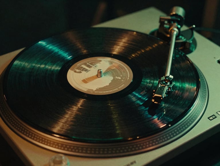 Intimate close-up of a physical vinyl record spinning on a turntable, moody green neon backlights, warm analog texture