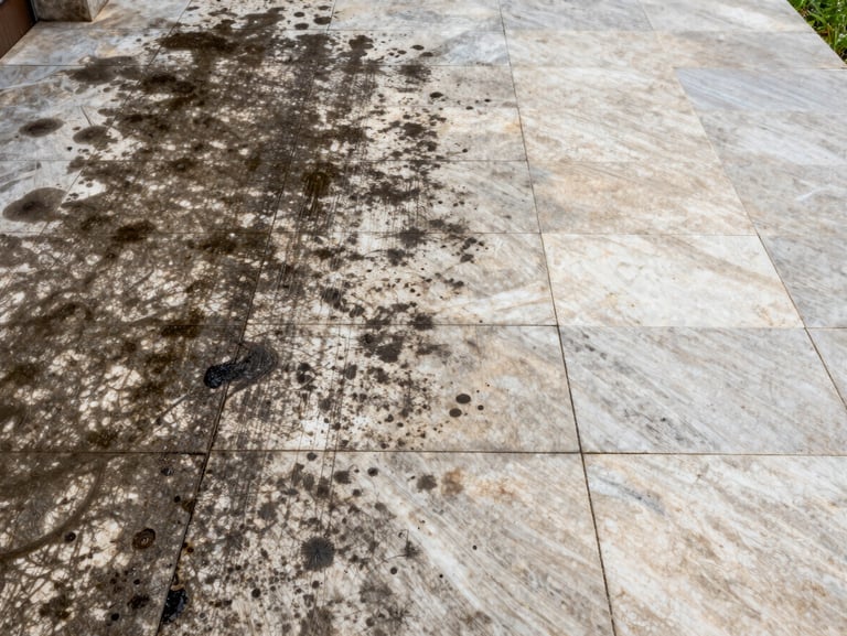 Overhead angle of a stone terrace patio, left half covered in dark grime and moss stains, right half pressure-washed to reveal clean pale stone in bright overcast daylight, sharp texture detail, no people