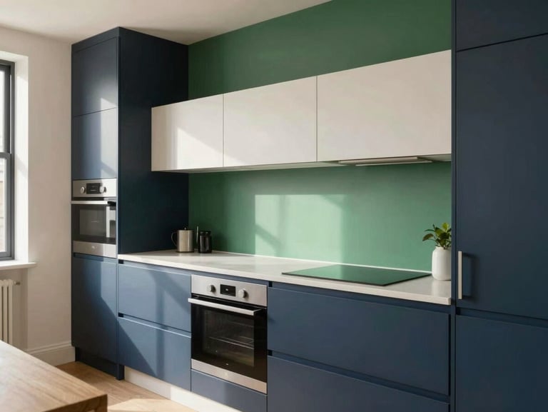 Modern, beautifully staged UK HMO communal kitchen, clean lines, warm natural light, emerald green accent wall