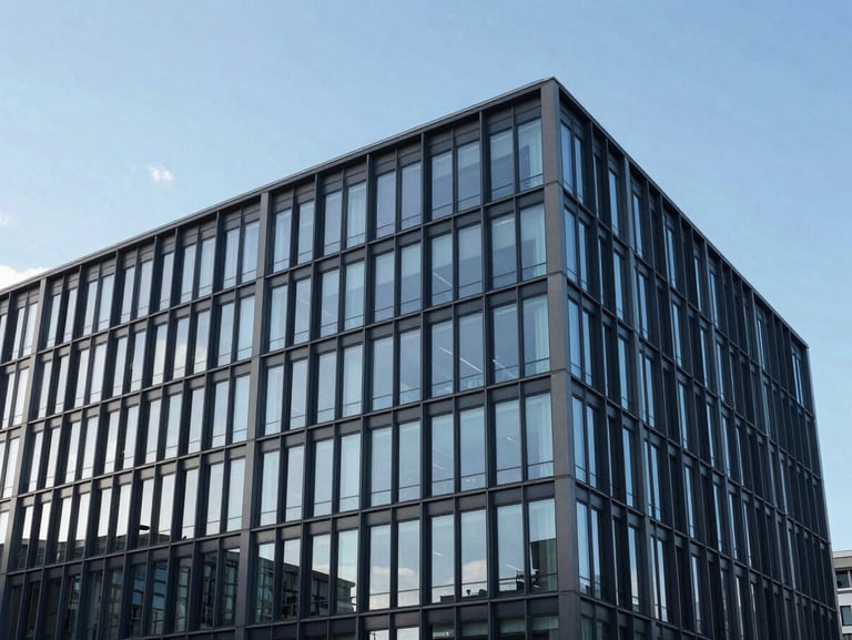 Modern, minimalist office building facade in Berlin, glass and steel architecture, clear blue sky, professional corporate photography, cool natural daylight.