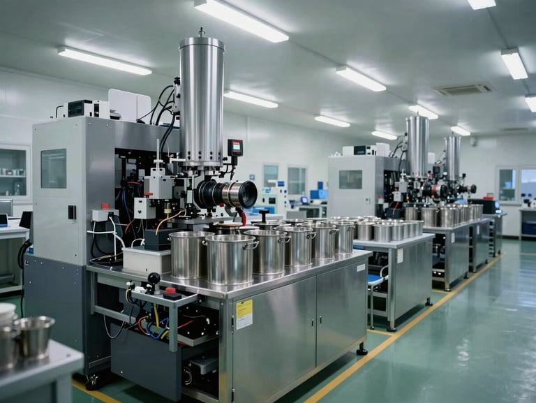Wide-angle view of a cleanroom industrial recycling facility interior, heavy technical machinery, systematically organized steel containers, clinical lighting.