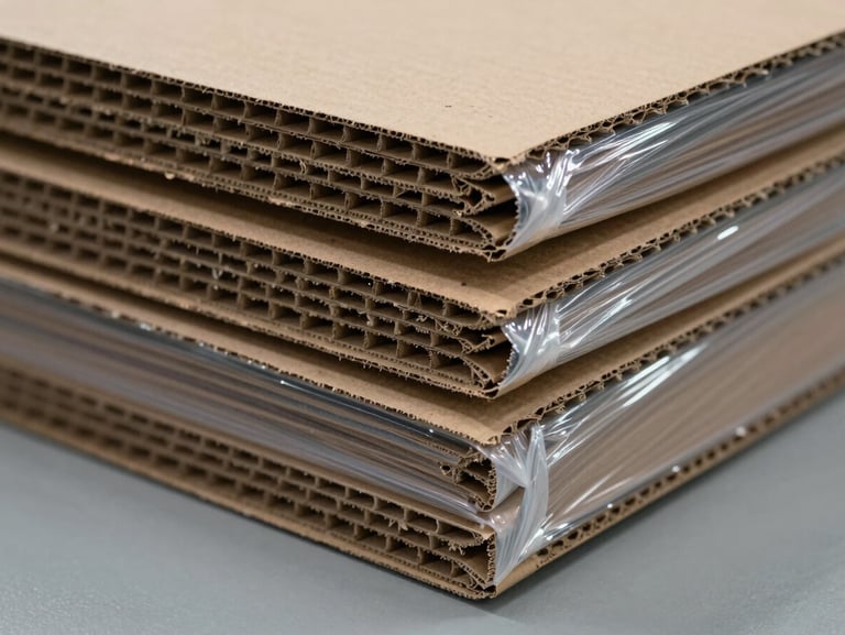 Extreme close-up of heavy-duty double-corrugated cardboard edges under clean, clinical warehouse lighting, showing dense structural layering and tension-wrapped plastic film.