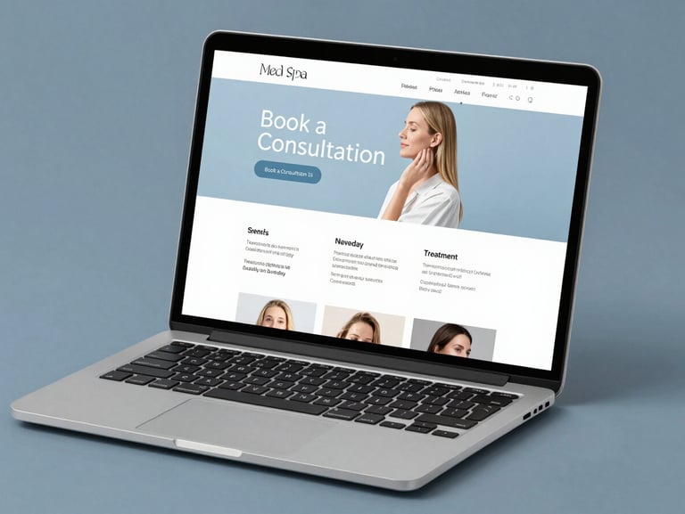 Flat-lay studio shot of a laptop screen showing a clean English-language med spa website — soft blue and white palette, 'Book a Consultation' hero button, treatment menu grid, cool studio lighting, sharp modern UI
