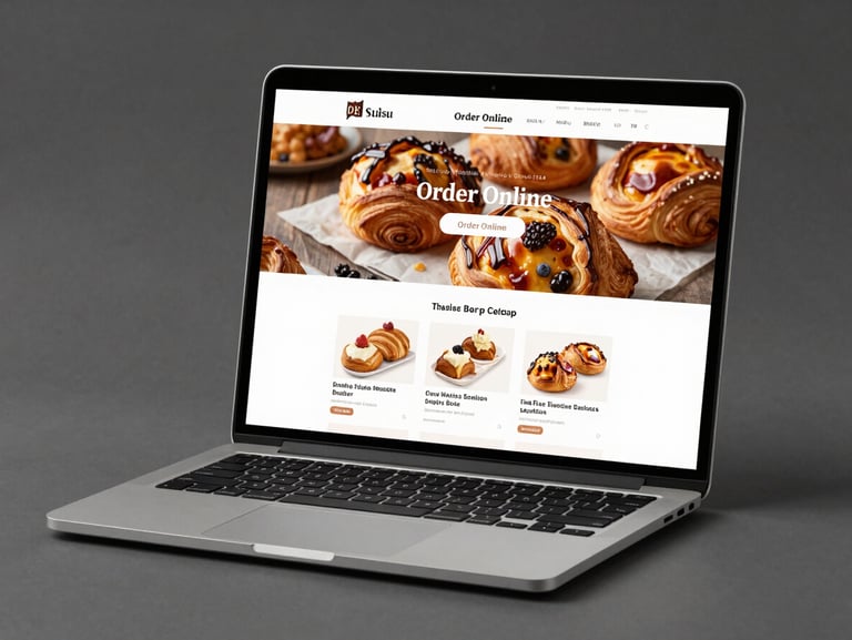 Flat-lay studio shot of a laptop screen displaying a warm English-language artisan bakery website — hero image of fresh pastries, 'Order Online' CTA, menu section with item cards, cool studio lighting, sharp UI, no glare