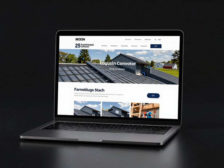 Flat-on studio shot of a modern English-language roofing contractor website displayed on a sleek dark laptop screen, sharp UI with clear navigation, hero image, and CTA button visible, cool-white studio lighting, high contrast against dark background