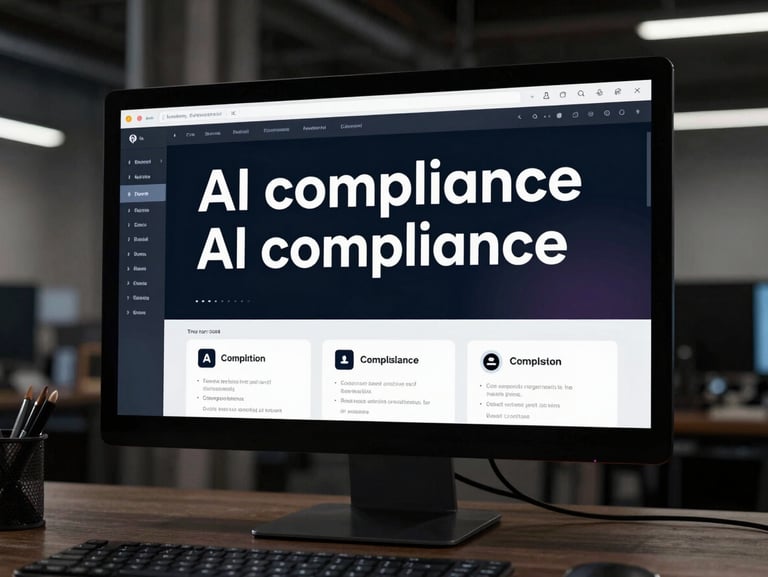 Crisp, flat-lay UI mockup of AI compliance software on a dark monitor, high-contrast industrial studio lighting with cool-toned digital screen glows, sharp technical typography.