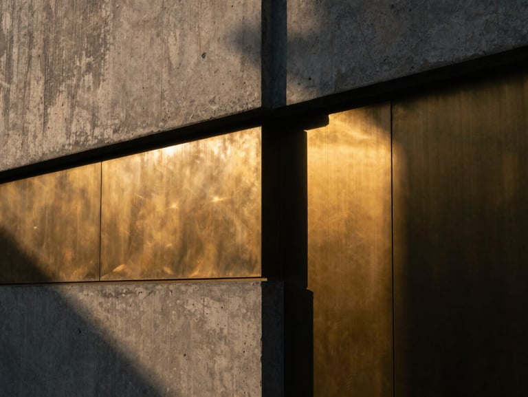 Dramatic architectural close-up, raw concrete wall meeting brushed brass panel under low golden hour sun, sharp shadows, 35mm lens