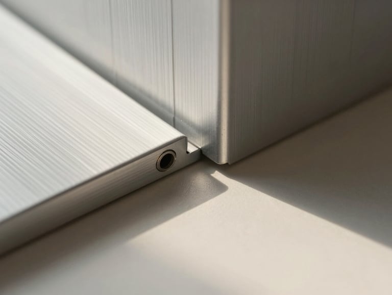 Macro crop of a milled aluminum appliance seam, soft directional morning light casting elegant shadows on a warm-white surface, architectural precision.