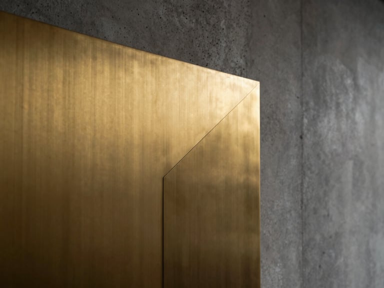 A close-up of a brushed brass wall panel with a razor-thin, warm light projection glowing along its geometric seam, low-key dramatic architectural lighting, raw concrete texture behind.