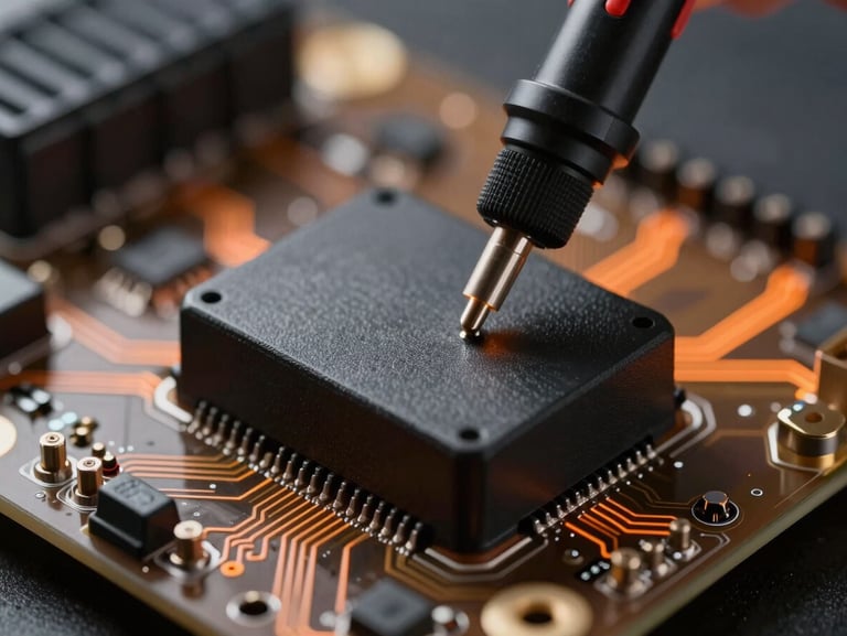 Extreme close-up of a high-tech ECU circuit board with diagnostic probe pins connected, subtle orange neon glowing telemetry lines in a dark background, professional macro automotive photography
