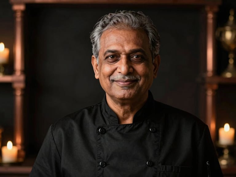 Warm-toned portrait of a senior Indian chef in a clean black uniform, smiling softly, dark background, golden candlelight glow.