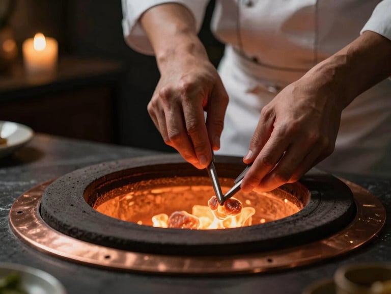 Action shot of a chef's hands working near a glowing clay oven, warm embers illuminating the scene, shallow depth of field.